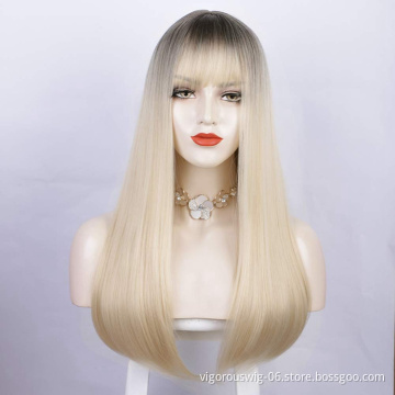 Vigorous High Quality Cheap Price Long Straight Wave Ombre Blonde Dark Root With Neat Bangs For Black Women Synthetic Hair Wigs
